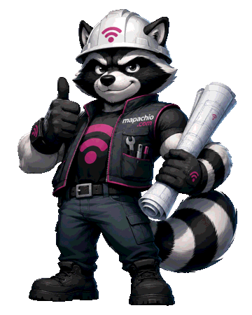 Mapi, the Mapachio mascot, wearing a hard hat and holding blueprints